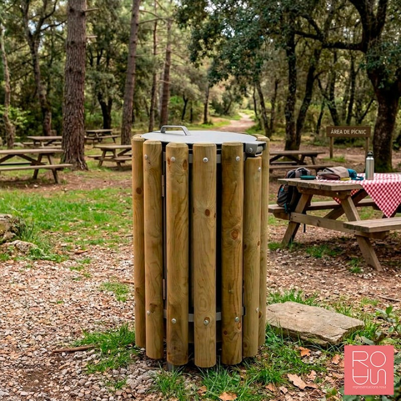 Paperera de fusta amb tapa metàl·lica model Gredos